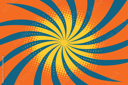 Spiraling Yellow and Blue Rays with Orange Halftone Pattern Background Design
