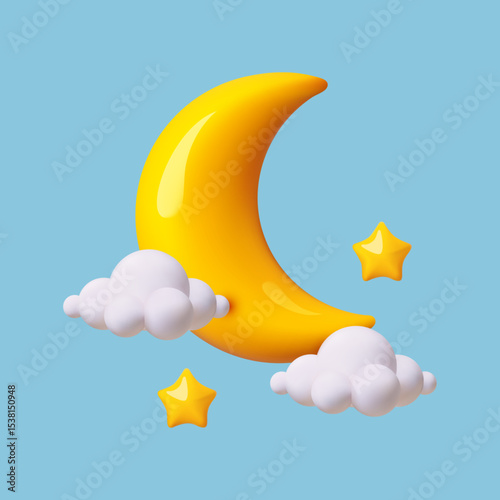 3D cartoon cute crescent moon with clouds and stars background. Soft night sky. Render style