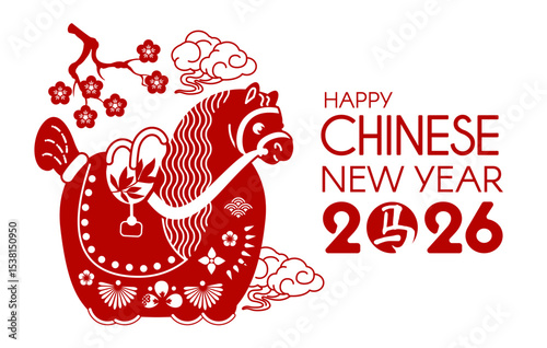 Happy 2026 Chinese New Year, Year of the Horse! Lunar calendar holiday paper cut design with cute horse. Chinese text means "Horse"