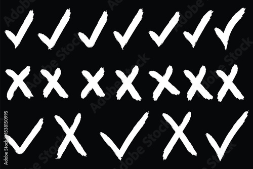 Set hand drawn check mark, tick and cross brush signs, checkmark OK and X icons, symbols YES and NO button. Brush Style Check Mark and Cross Symbols.
