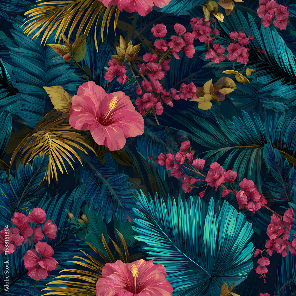 Beautiful vector tropical seamless pattern with hand drawn digital palm tree leaves and jungle flowers. Stock floral design for textile, gift wrapping and wallpapers. Beautiful vector tropical seamless pattern with hand drawn digital palm tree leaves and jungle flowers. Stock floral design for textile, gift wrapping and wallpapers.
