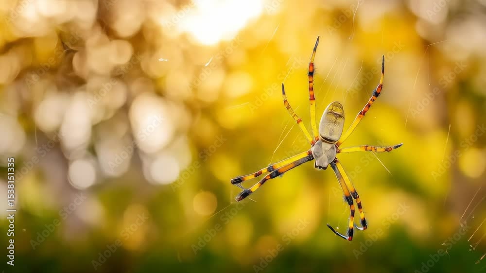 Vibrant Golden Silk Orb Weaver Spider Suspended in Web Against Blurred Sunlight Background In Natural Habitat With Detailed Stripes