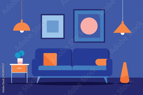 Stylized Living Room Illustration with Blue Sofa, Geometric Artwork, and Orange Accents