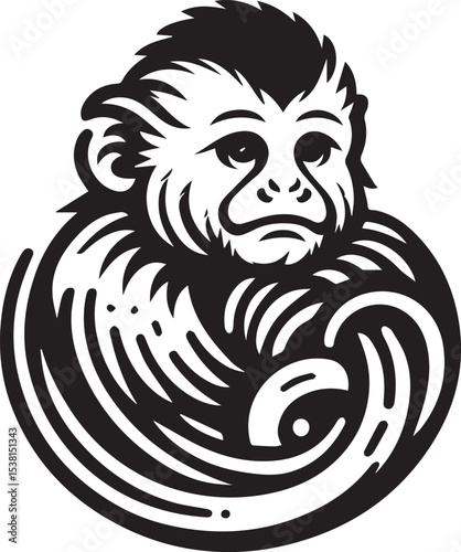 Capuchin Monkey Simple Black and White Vector Illustration