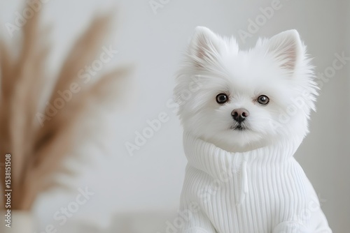 Adorable white fluffy chihuahua dog wearing knitted ribbed sweater indoors. Pet shop and adoption. Cute domestic animal. photo