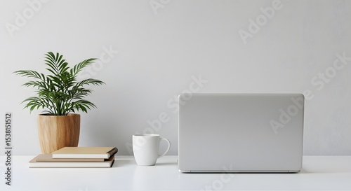 Wallpaper Mural Minimalist workspace with books, plant, coffee cup, and laptop on white desk Torontodigital.ca