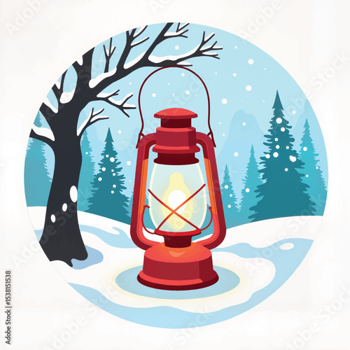 Vintage lantern glowing in winter wonderland, holiday coziness