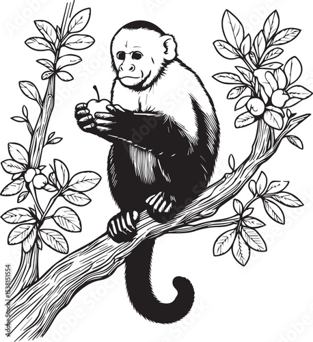 Capuchin Monkey Simple Black and White Vector Illustration