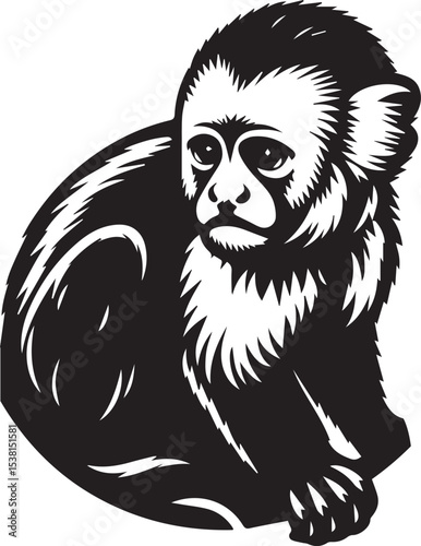 Capuchin Monkey Simple Black and White Vector Illustration