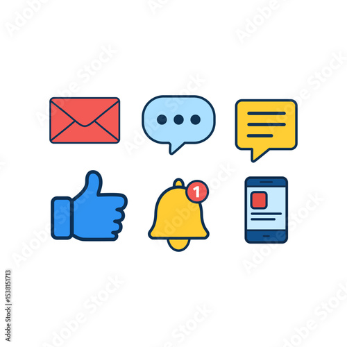 Social media interaction vector icons set with like button, chat bubble, notification bell, and message symbols for digital UI and UX designs