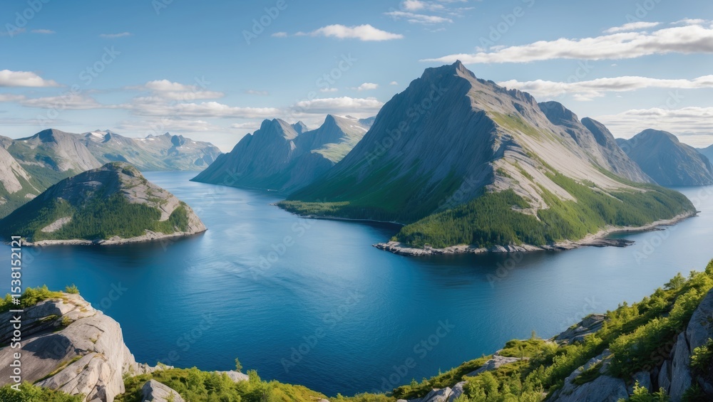 Naklejka premium Panorama of Mountain Island In Archipelago Coastline with Smaltinden View, Scenic View, Mountains In The Summer, High Resolution Beautiful Scenery and Empty Copy Space For Text
