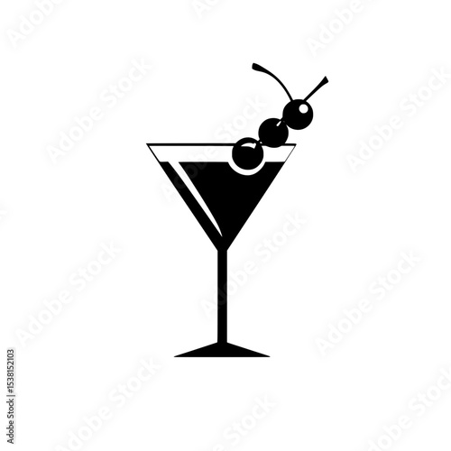 Minimalist Martini Glass Icon with Cherries, Simple black silhouette of a martini glass garnished with cherries, perfect for cocktail menus, bar signs, or party graphics.


