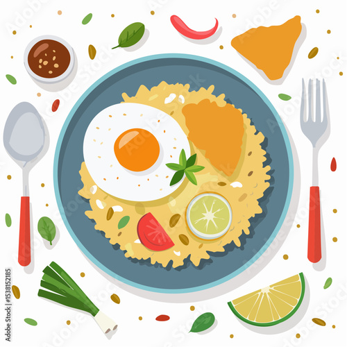 Delicious Nasi Goreng Indonesian Fried Rice with Fried Egg - Vector Illustration