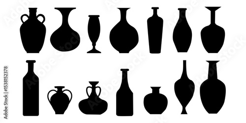 Vector set of ancient ceramic vase silhouettes with stamp texture