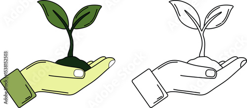 Outline and colored icons of a hand cradling a small plant. Perfect for themes of growth, sustainability, ecology, new beginnings, and environmental protection.