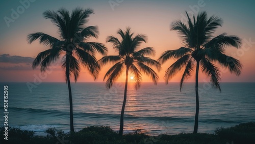 Sunrise over the ocean featuring three palm trees in the foreground, accompanied by an empty space suitable for text. photo