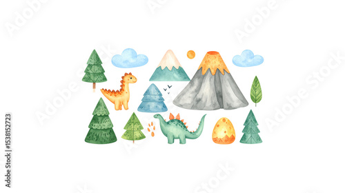Illustration of cute dinosaur in green grass with separated trees on white background.