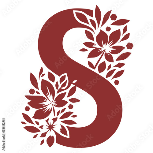 Minimal floral letter S silhouette on white background, abstract botanical monogram for minimalist home decor and wall art prints