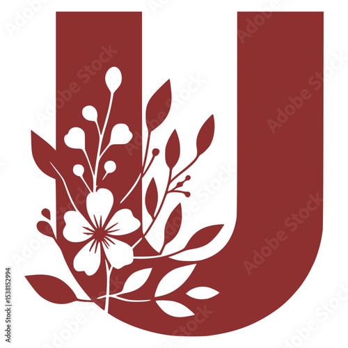 Minimal floral letter U silhouette on white background, abstract botanical monogram for minimalist home decor and wall art prints