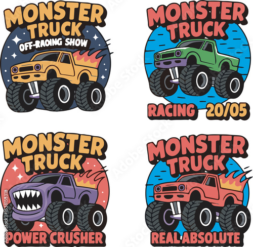 Four Colorful Monster Truck Logos Off Road Racing Designs