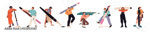 Set of tiny people hold big stationery. Happy men and women are writing, take notes with pen, drawing with pencil, painting with paintbrush, brush, marker. Flat isolated vector illustrations on white