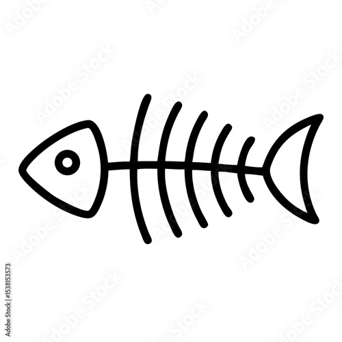 Minimalist black outline vector icon of a fish skeleton, symbolizing marine life, decay, and simplicity in a clean and stylized design