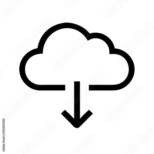 Minimalist black outline vector icon of a cloud with a downward arrow, symbolizing cloud download, data transfer, and online storage in a clean and simple design
