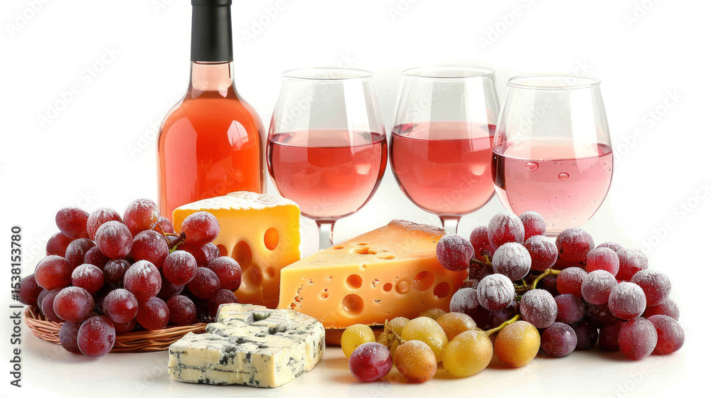 Rosé Wine, Cheese, and Fresh Grapes on a Bright Background for Culinary and Gourmet Stock Photography Rosé Wine, Cheese, and Fresh Grapes on a Bright Background for Culinary and Gourmet Stock Photography