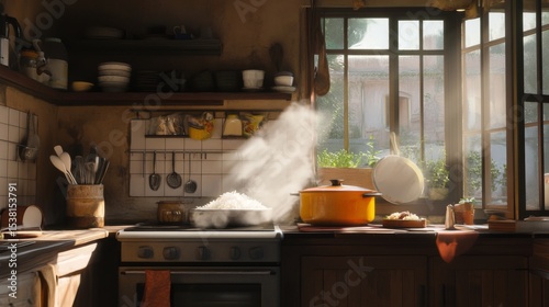 A serene kitchen scene with a pot of beef simmering on the stove beside a bowl of freshly cooked rice, showcasing the comforting preparation of a home-cooked meal.