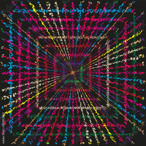 Multicolor vortex grid. Radial plaid illusion. Spinning vector pattern. Abstract check form.