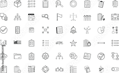 Diverse Task Management Icons Showcasing Organization Productivity and Planning Processes Featuring Checklists, Calendars, and Workflow Diagrams for Effective Time Management and Project Execution