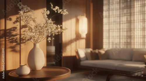 A serene living room with a neutral color palette, featuring a comfy sofa, a side table with a vase of flowers, and soft lighting for a peaceful ambiance.