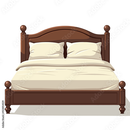 Illustration of a Classic Wooden Bed with White Linens and Pillows, Ready for a Good Night's Sleep