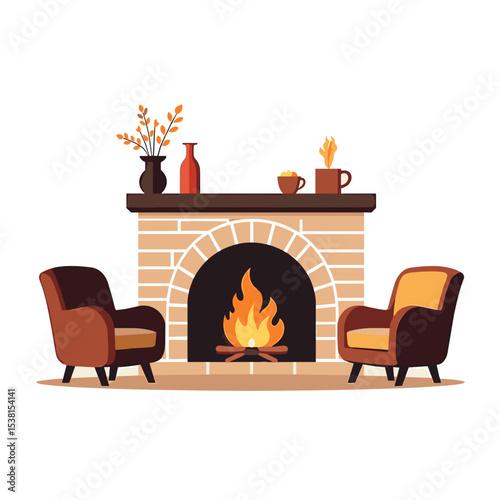 Cozy Fireplace Scene with Armchairs and Autumn Decor, Vector Illustration