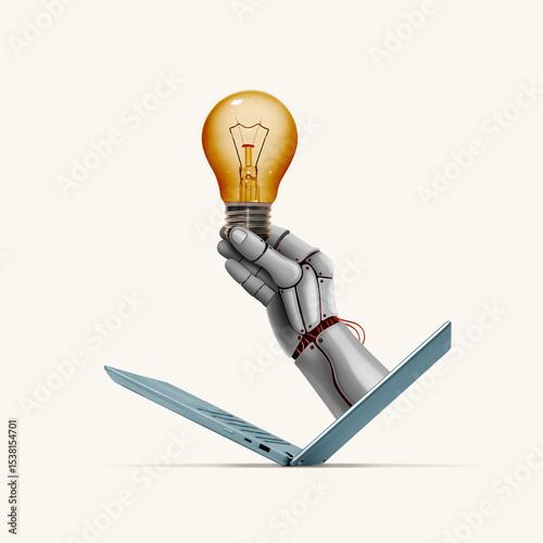 A robot hand holding a light bulb emerges from a laptop.