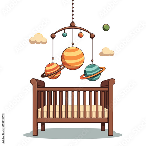 Illustration of a Baby Crib with a Hanging Mobile Featuring Planets and Clouds for Nursery Decoration