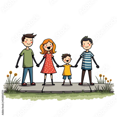 Happy Cartoon Family Holding Hands Walking Together on Sidewalk Illustration