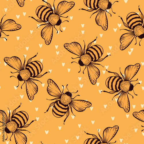 Seamless pattern with bees. Small wasp. Vector illustration. Design for invitation, cards, textile, fabric. Doodle style.