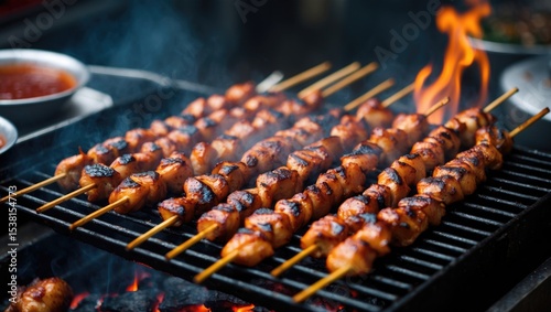 Barbecue Chicken Skewers At Street Food. Grilled Food Is Harmful. Cause Of Cancer. With Empty Copy Space For Text photo