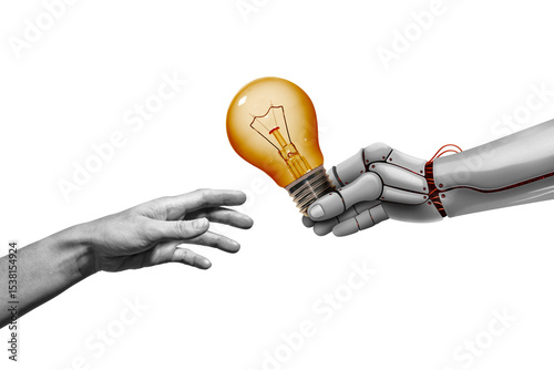 A robotic hand extends a light bulb to a person.