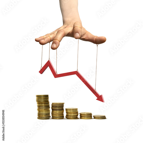 A puppeteer's hand with strings attached to fingers manipulates a downward-trending financial graph. Symbolizes market control, economic influence, and artificial trends.