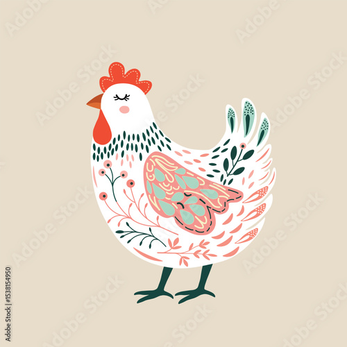 Pattern with cute cartoon floral chicken  on beige background