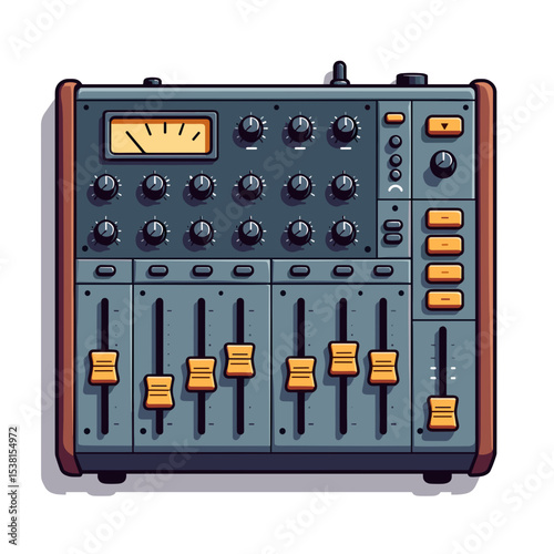 Detailed Illustration of an Audio Mixing Console with Knobs, Faders, and VU Meter for Sound Engineering