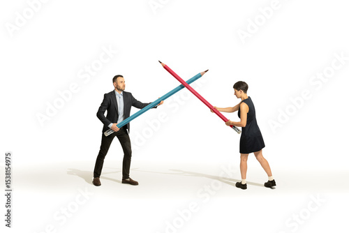 Duel between a man and a woman.  Isolated on white.