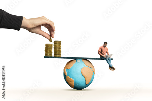A man with a laptop sits on one edge of a crossbar and on the other is a stack of coins.