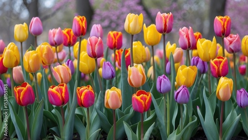 Amazing nature concept of colorful tulips flowering in spring days photo