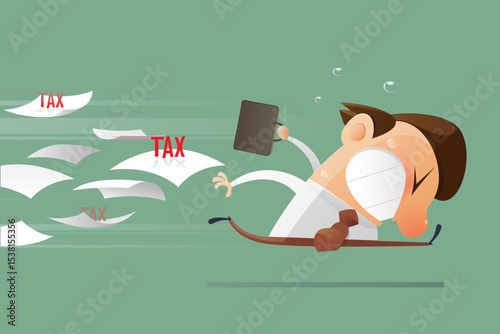 Cartoon illustration shows a businessman trying to avoid heavy tax.