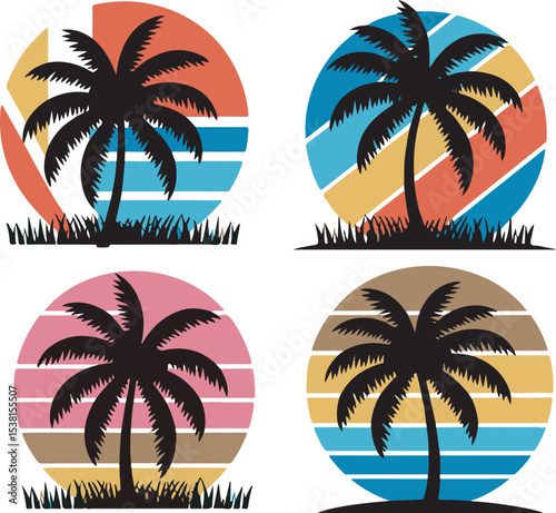 Four Retro Palm Tree Sunset Icons Black Silhouette