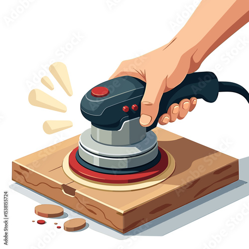 Hand Sanding a Wood Block with an Electric Sander, Woodworking Project Illustration