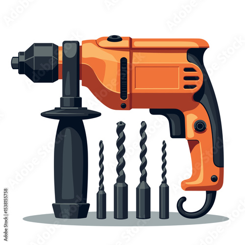 Orange and Black Power Drill with Drill Bits Vector Illustration for Construction and Home Improvement Projects